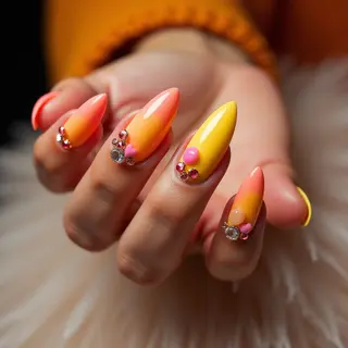 Coral & Yellow Abstract Coffin Nails for Winter