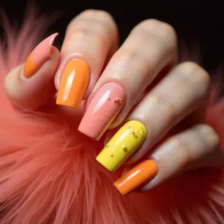 Dreamy Coral & Yellow Fur Effect Nails: Simple Abstract Design
