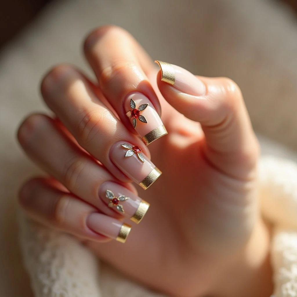 Nude Cube Edge Nails with Foil Accents - Sept 2025 Trends