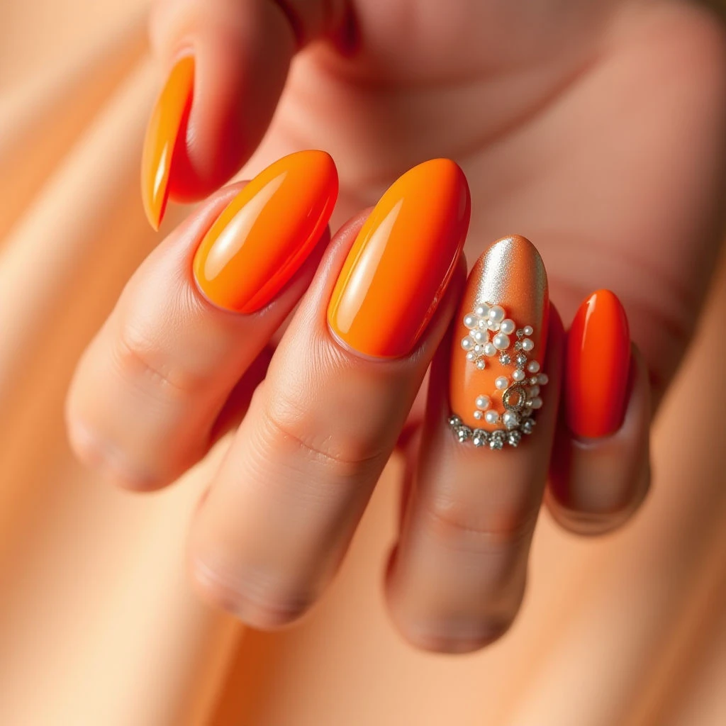 Orange Velvet Winter Nails: Abstract Coffin Design