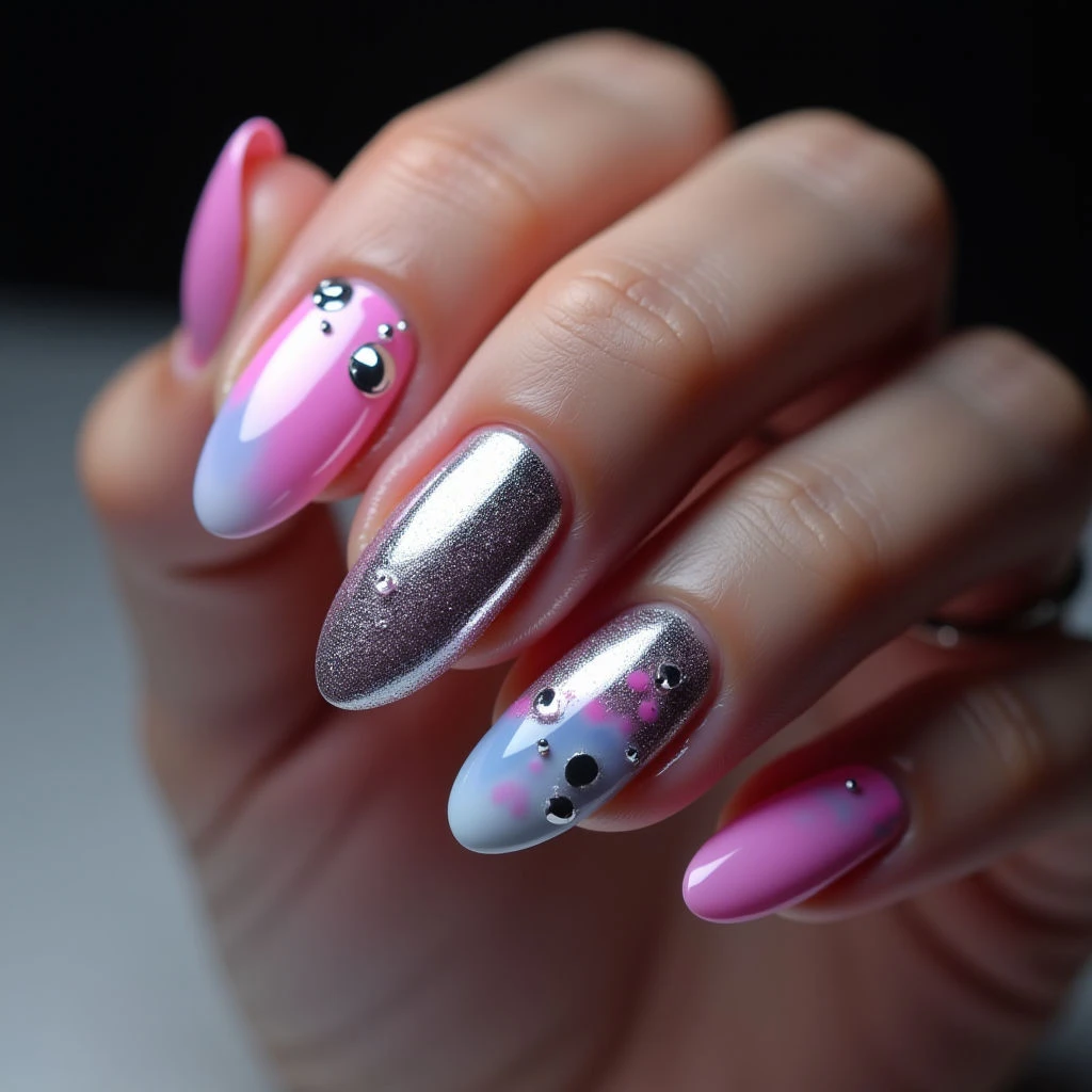 Cyberpunk Winter Nails: Chrome & Neon Oval Designs
