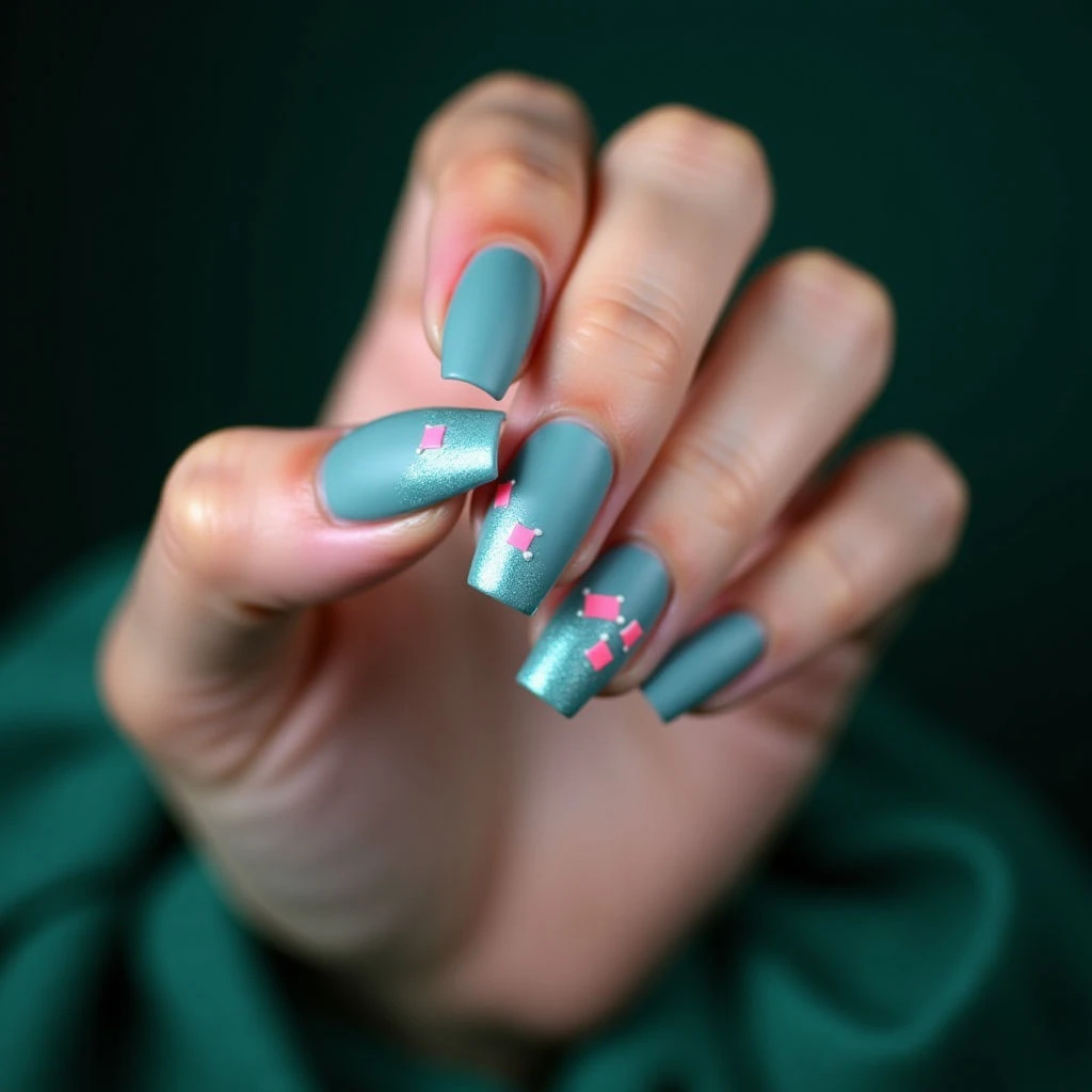 Dusty Blue & Neon Abstract Nails with a Dark Green Dress