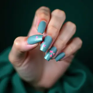 Dusty Blue & Neon Abstract Nails with a Dark Green Dress