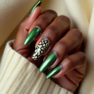 Green Animal Print Neutral Nails for Brown Skin