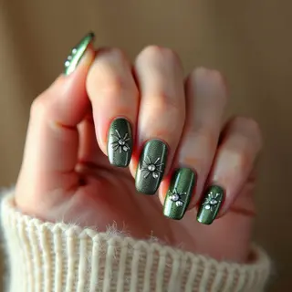 French Girl Nails: A Green Chrome Winter Dream