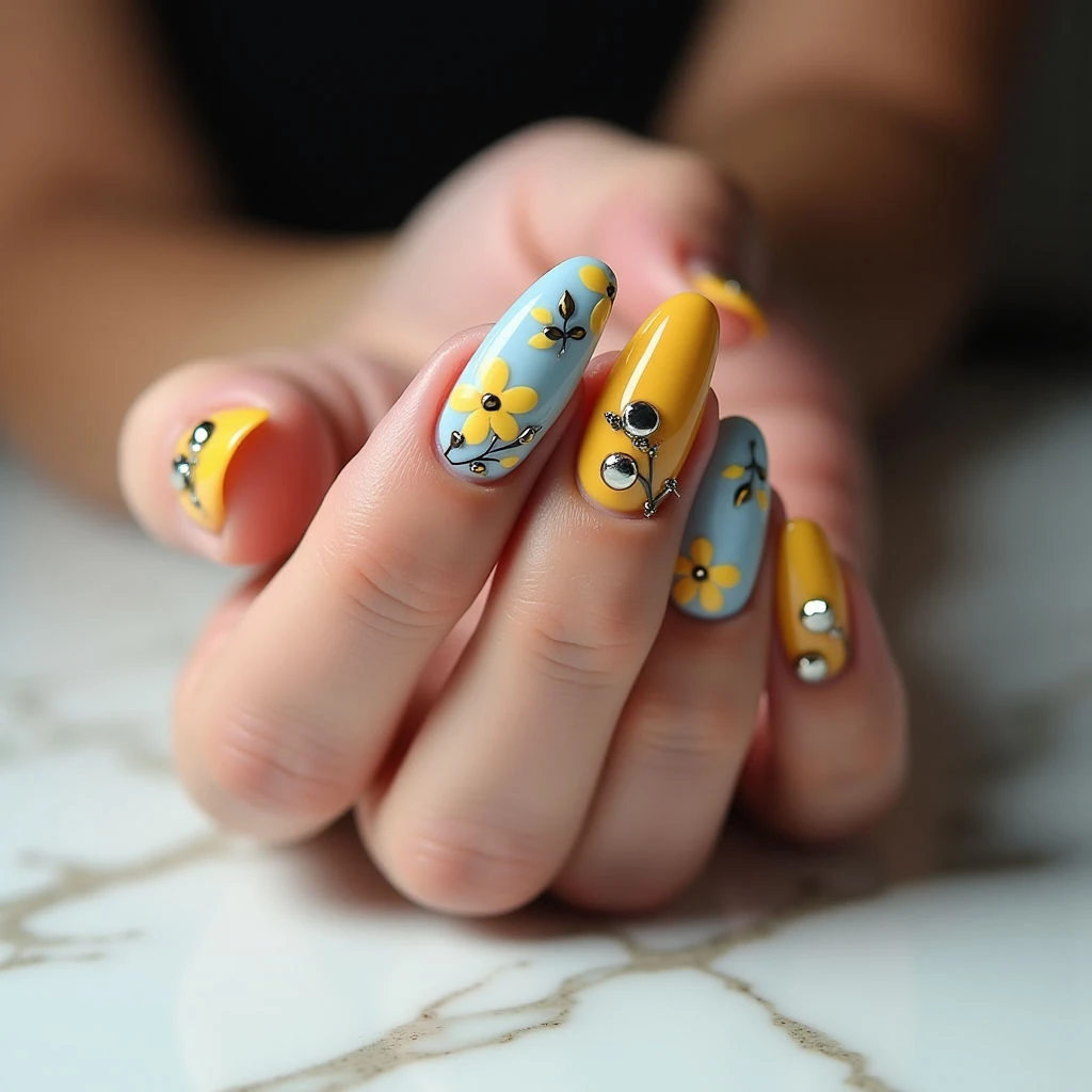 Mustard Yellow & Studded Goth Stiletto Nails for Fall