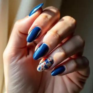 Royal Blue Floral Fall Nails: A Short, Shimmering Dream