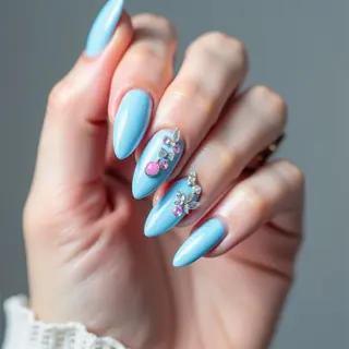 Baby Blue Velvet Nails to Complement Rose Gold Sandals