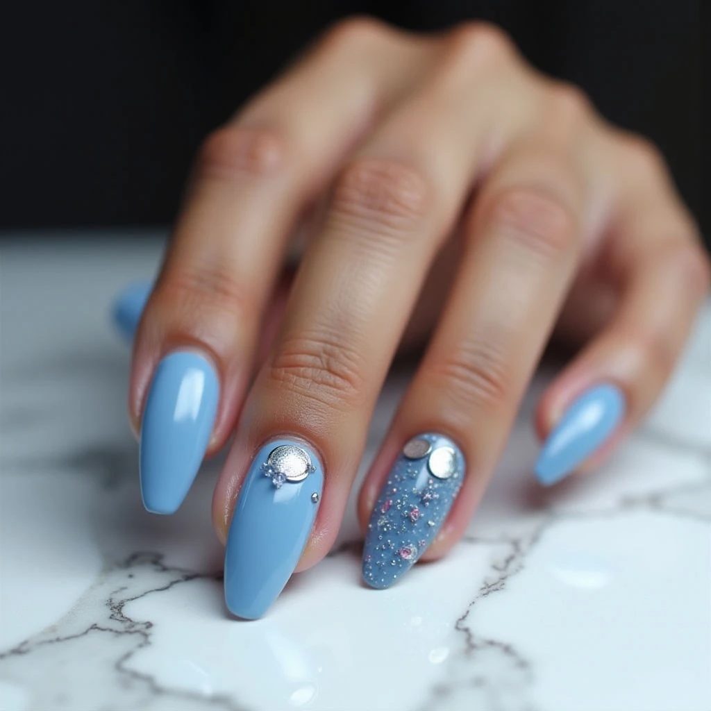 Dusty Blue Moon Nails for Tan Skin Tones | Fall 2023