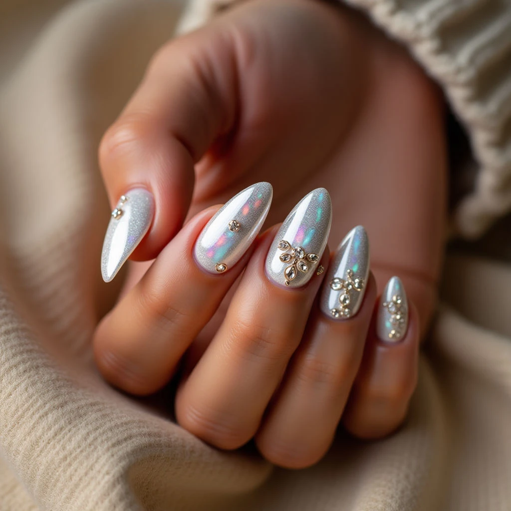 Iridescent Pearl Winter Nails for Dark Skin Tones