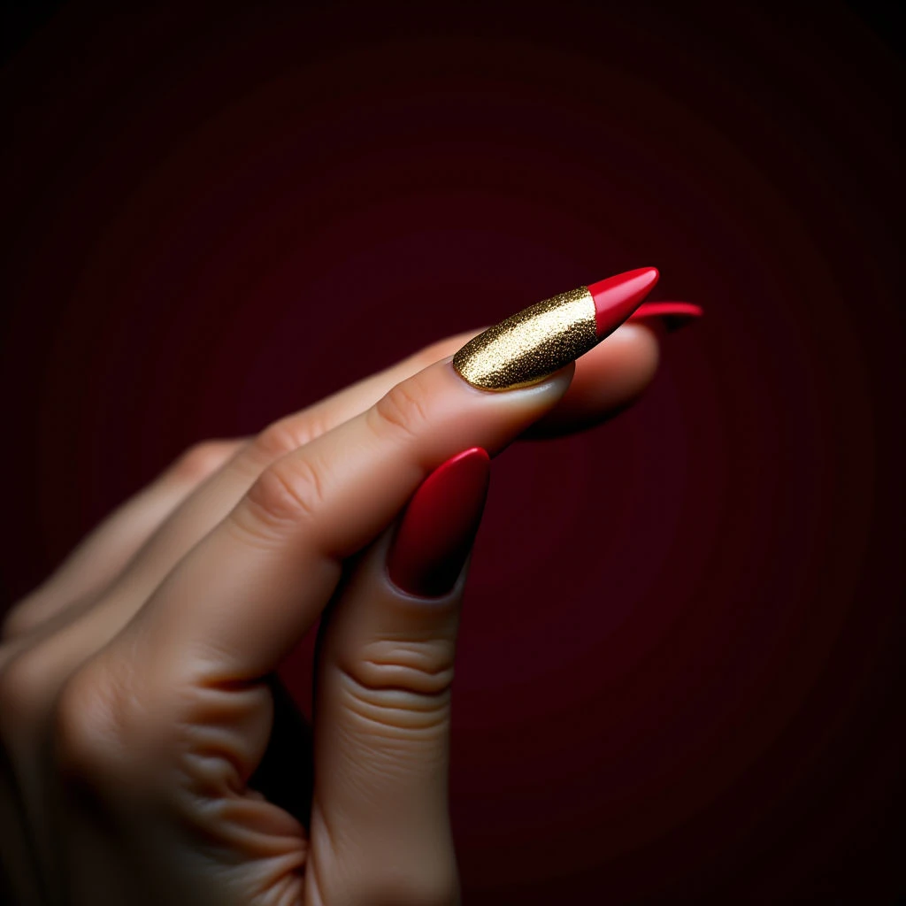 Red & Gold Stiletto French Nails for Tan Skin