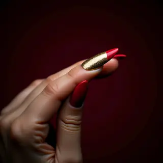 Red & Gold Stiletto French Nails for Tan Skin