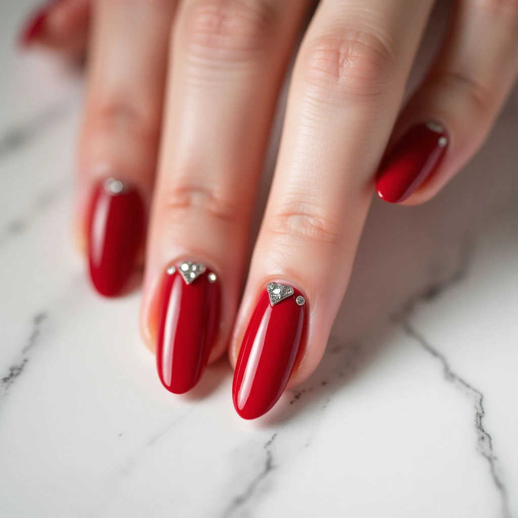 Red Rhinestone Moon Nails for Light Skin - Spring Aesthetic