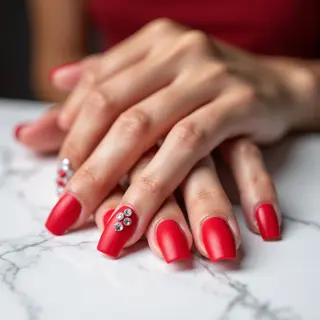 Short Red Square Nails with Gold Sandals: 3D Crystal Summer Vibes!