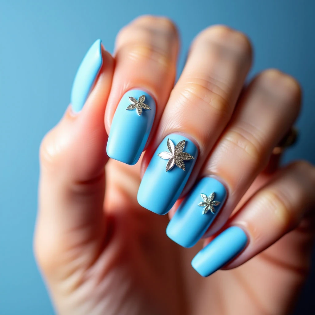 Sky Blue Cyberpunk Winter Nails with Gold Sandals