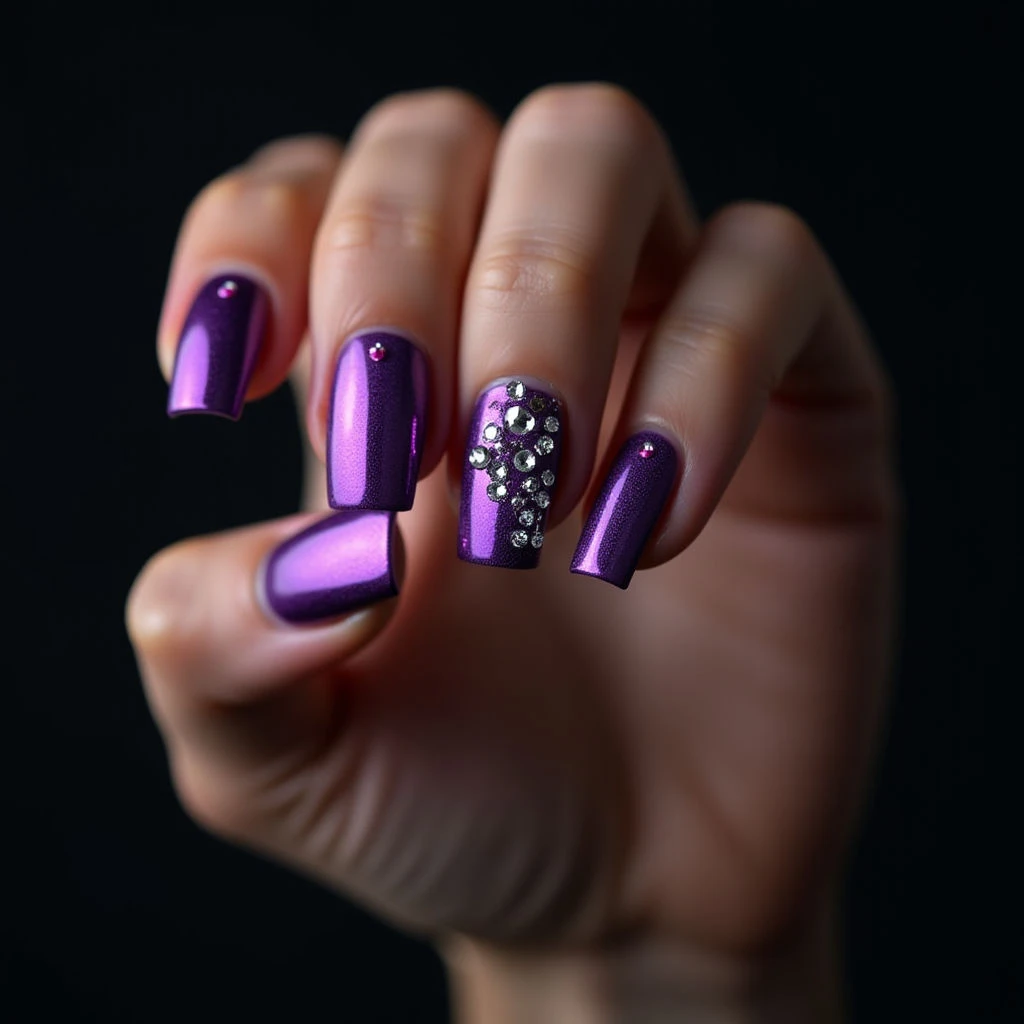 Purple Chrome Shattered Glass Nails with Crystals for a Black Dress
