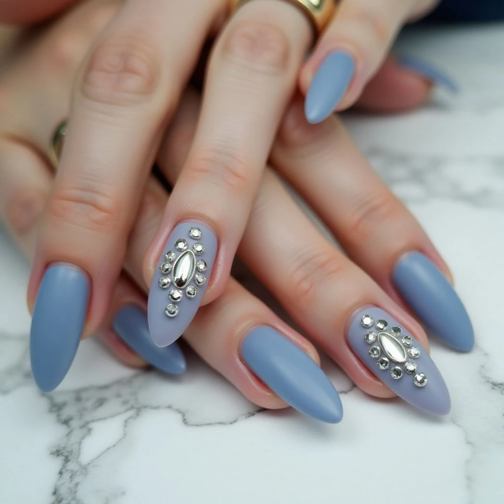 Dusty Blue Caviar Nails: A Winter Wonderland Design!