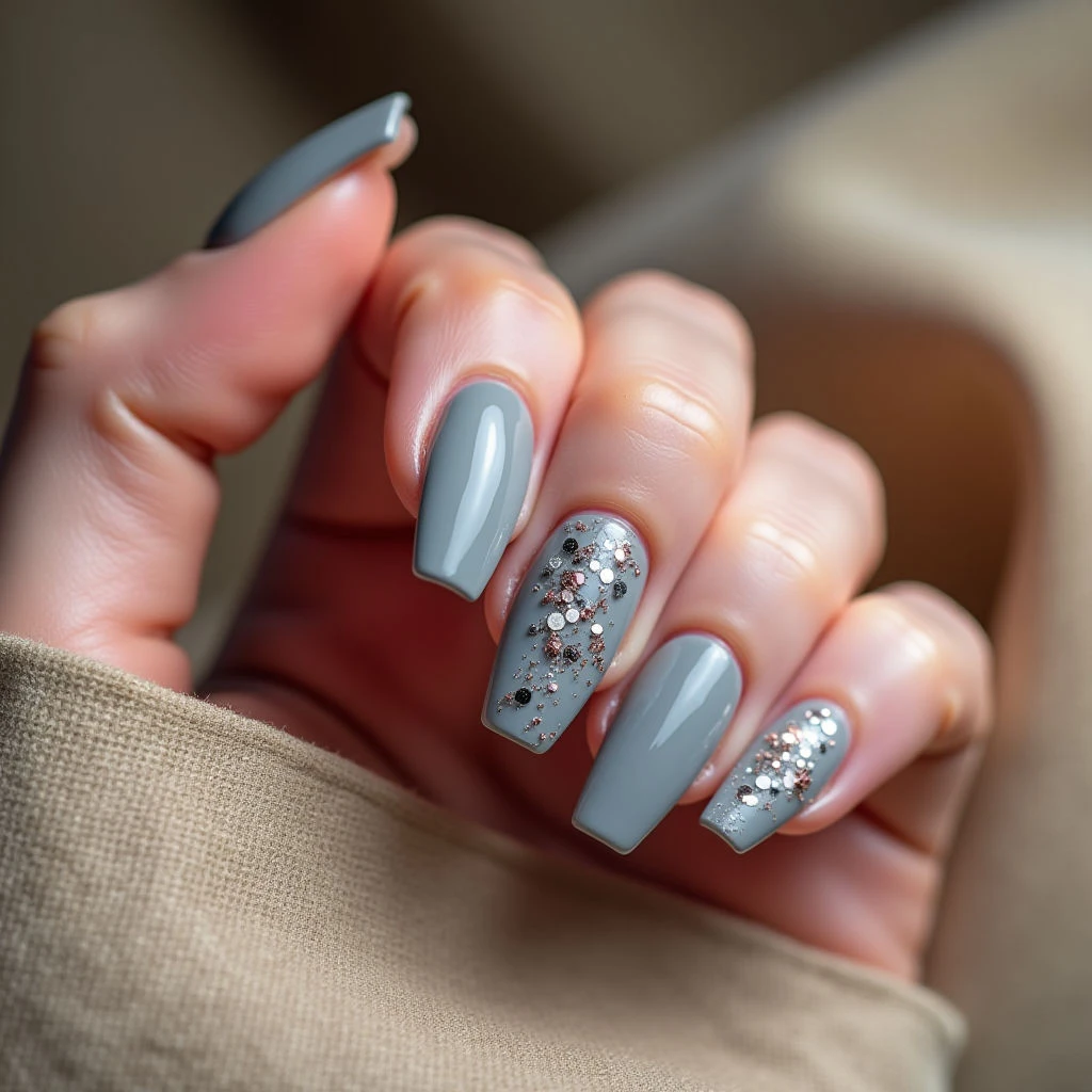 Gray Stiletto Christmas Nails with Confetti Sparkle