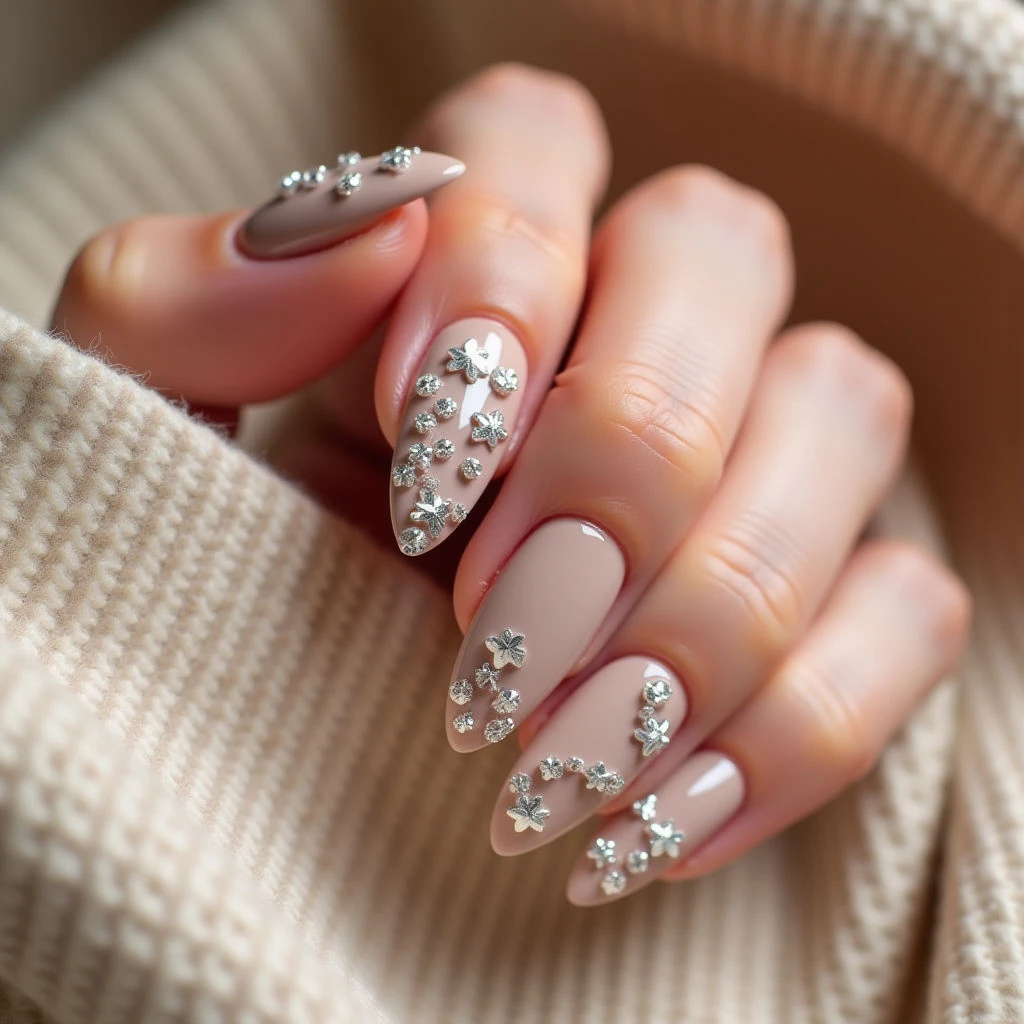 Nude Almond Nails with Glitter – Winter 2024 Trend
