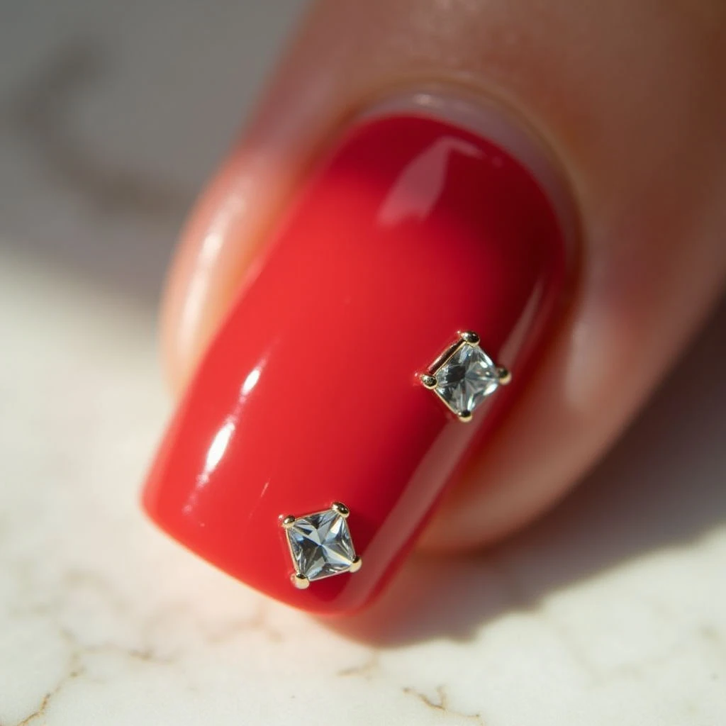 Velvet Red Square Christmas Nails with Rhinestones