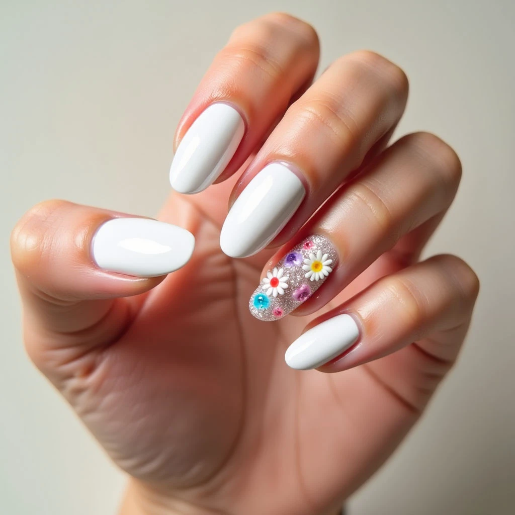 White Chrome Coastal Grandmother Nails for August