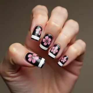 Short Black & Pink French Tip Nails for Spring