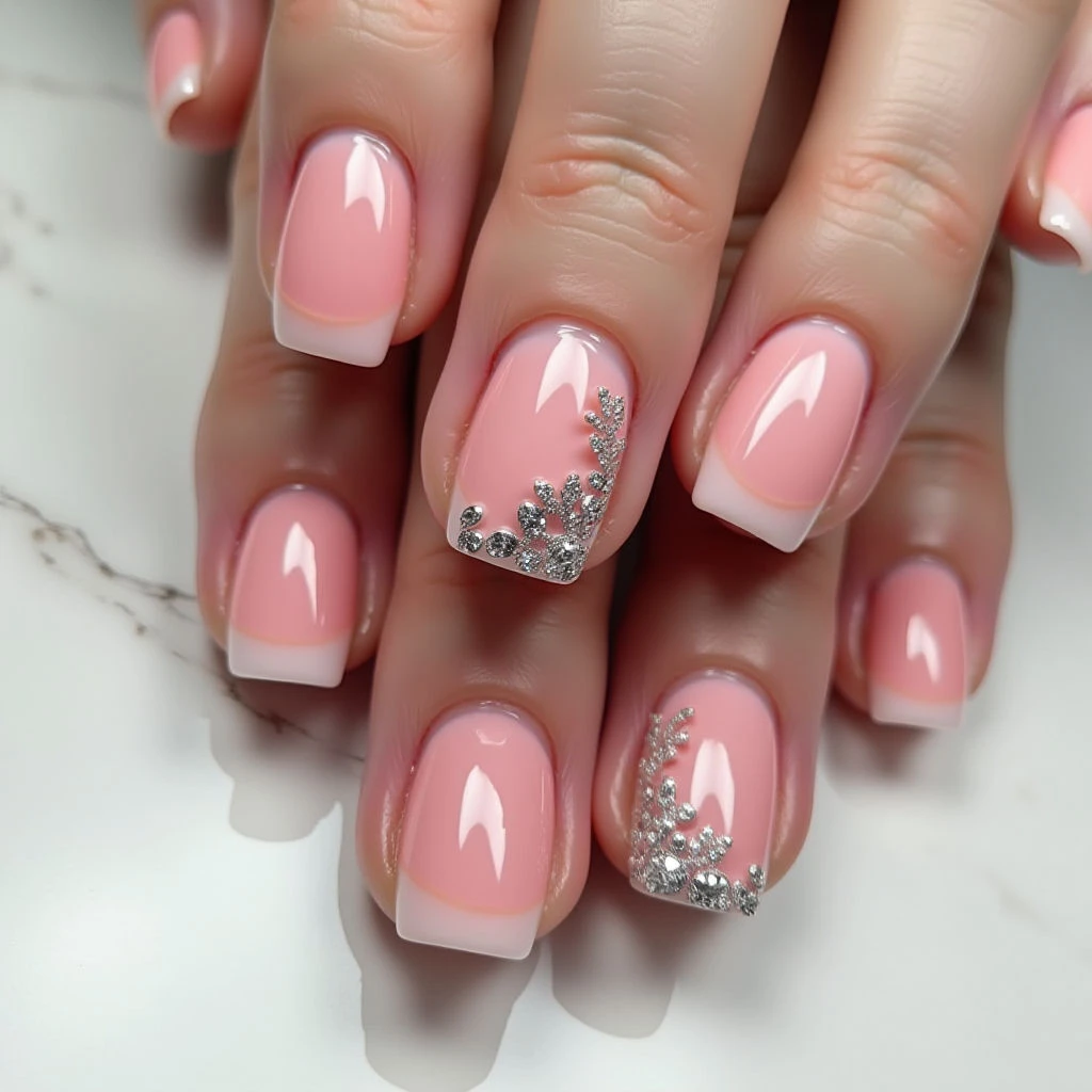 Short Square Black French Tips with Crystal Accents ✨