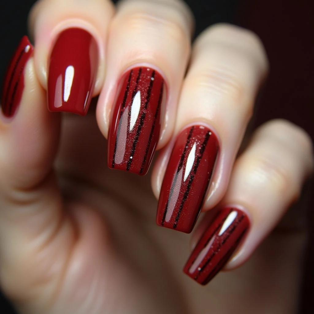 Cherry Red Vertical Stripes on Goth Stiletto Nails – Winter French Manicure
