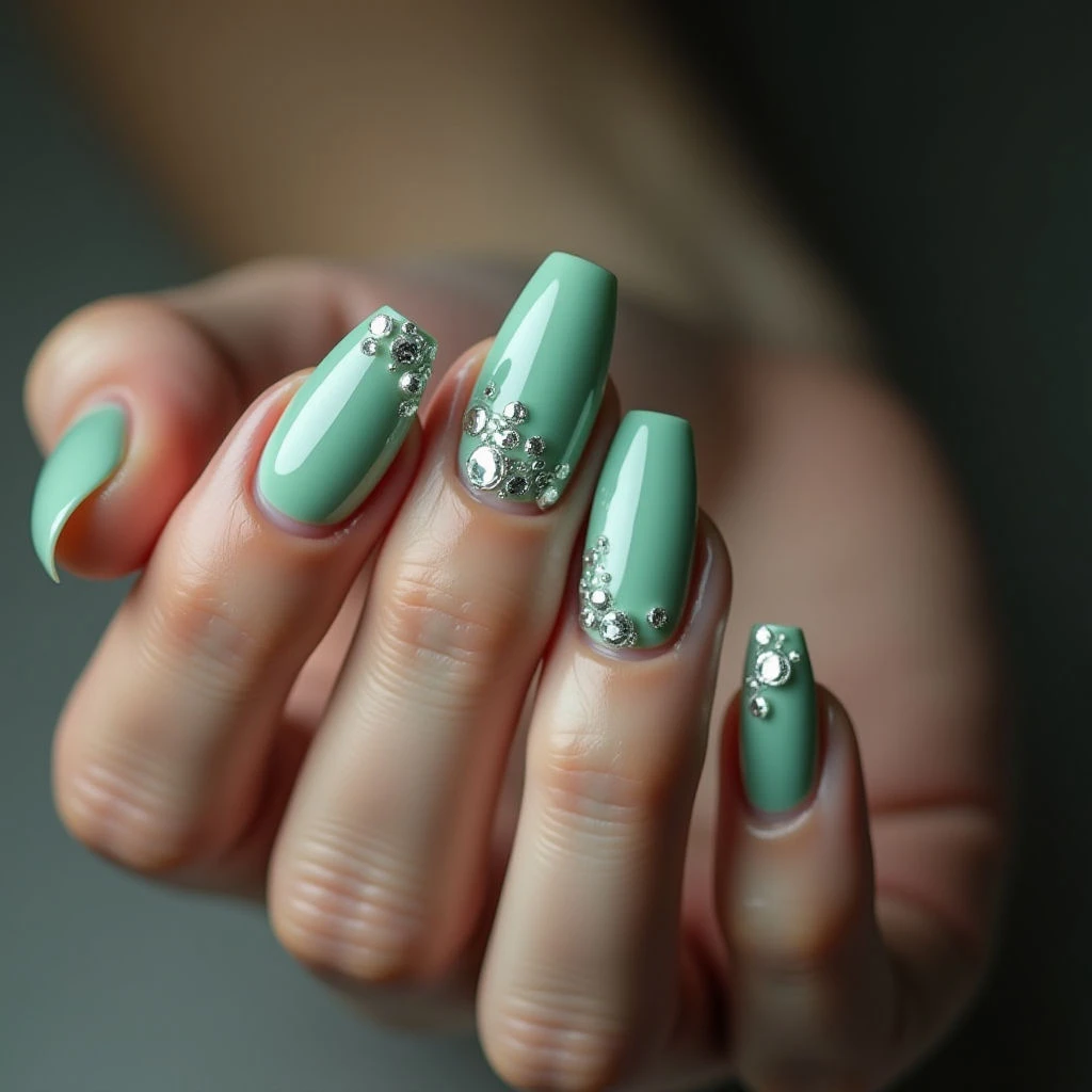 Mint Green Heart Shattered Glass Nails: A Fall Trend!