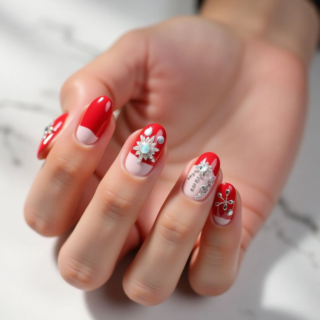 Red Winter Nails: A Minimalist Hand-Painted Design