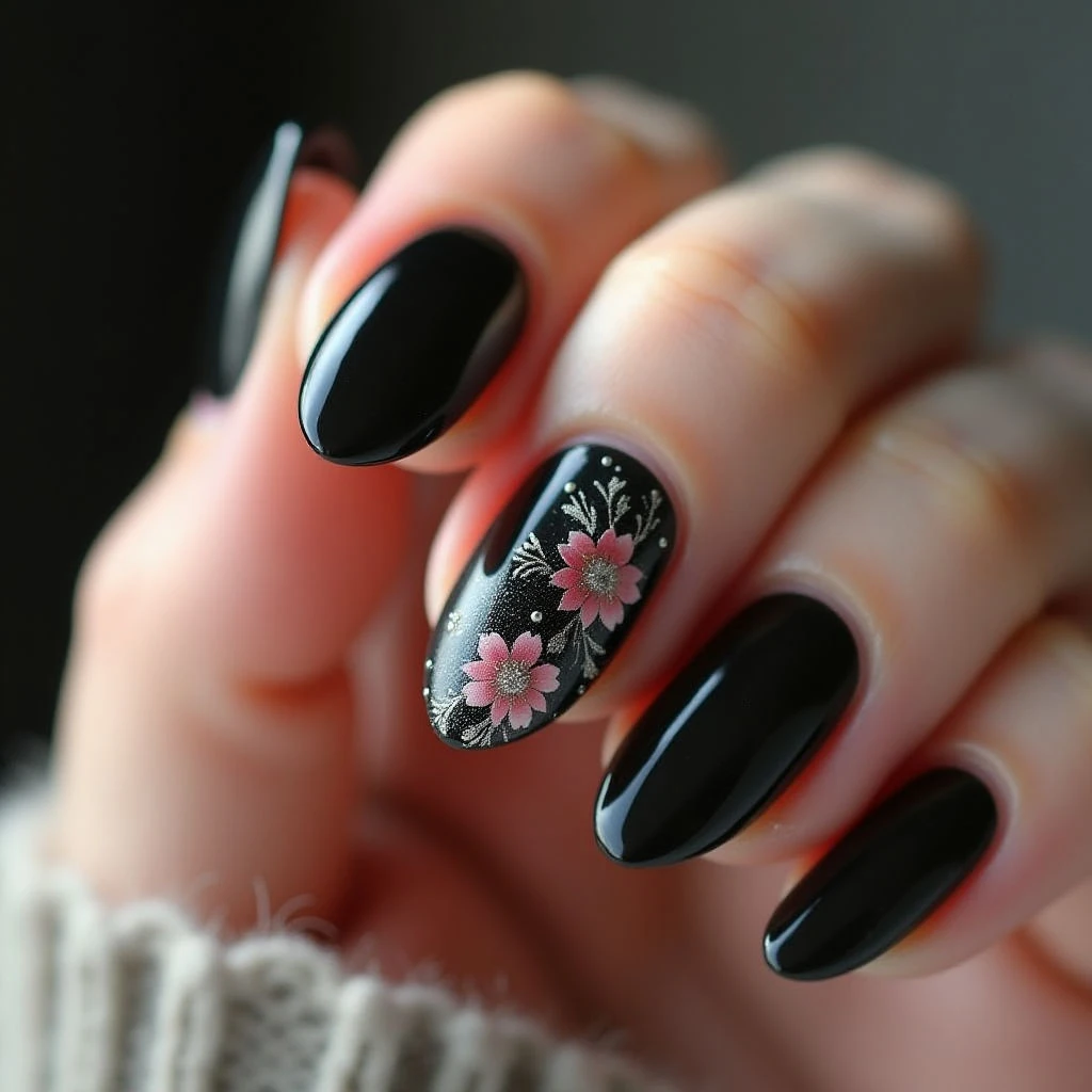 Black Almond Winter Floral Nail Design - 2025 Trends