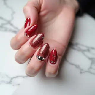 Lady in Red: Short Round Nails with Mermaid Chrome & Glitter