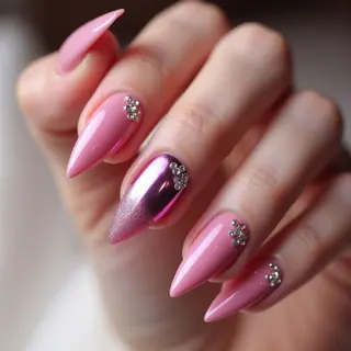 Pink Chrome Stiletto Nails with Caviar Accents | Winter Design