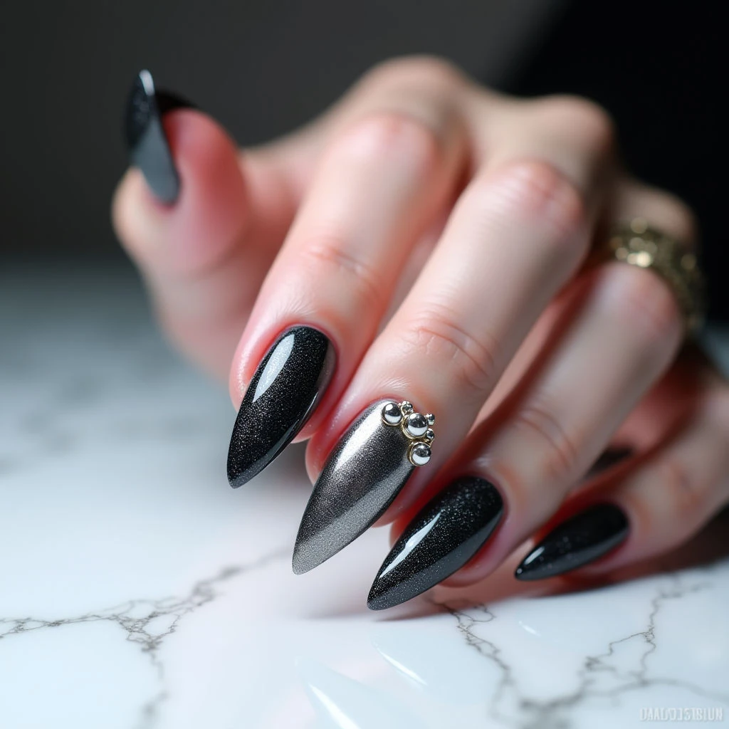 Anime Winter Nails: Goth Chrome Stiletto Caviar Design