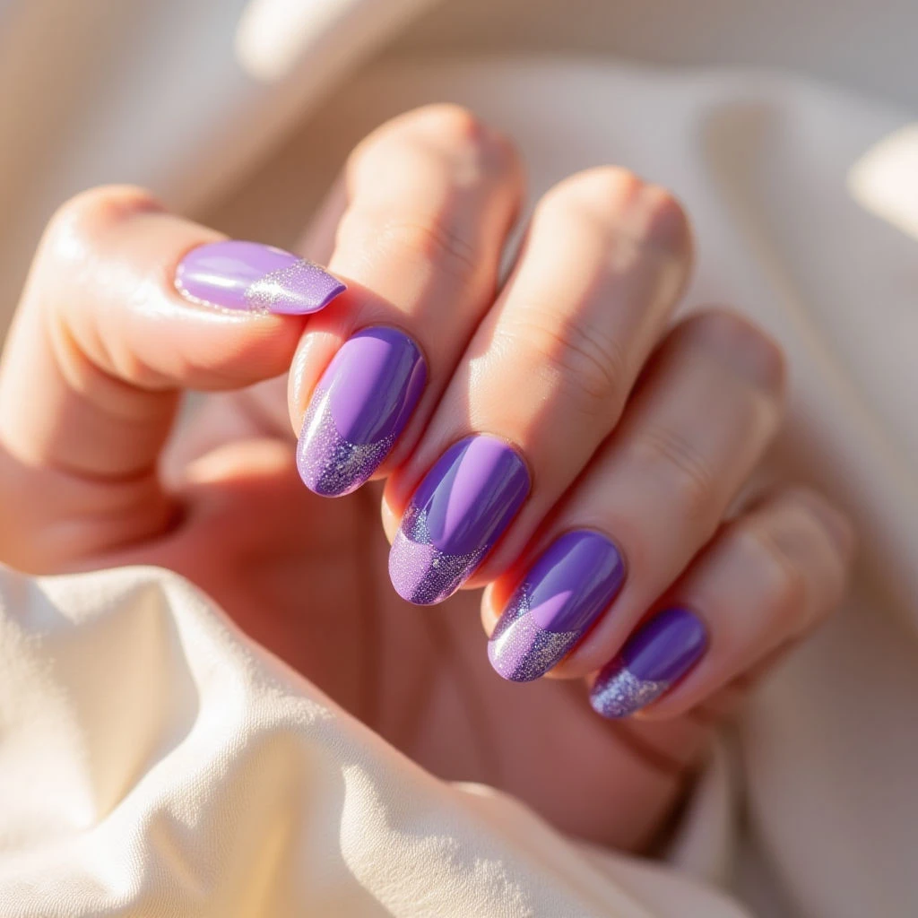 Purple Glitter French Tip Almond Nails for Summer