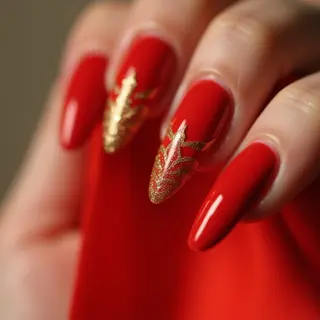 Short Stiletto Nails: Red & Gold Tribal Summer Design