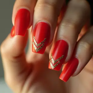 Short Arrowhead Nails: Red & Gold Summer Retro Design
