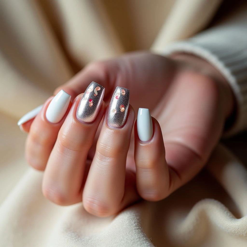 Simple Chrome Confetti Nails for Winter | Minimal Design