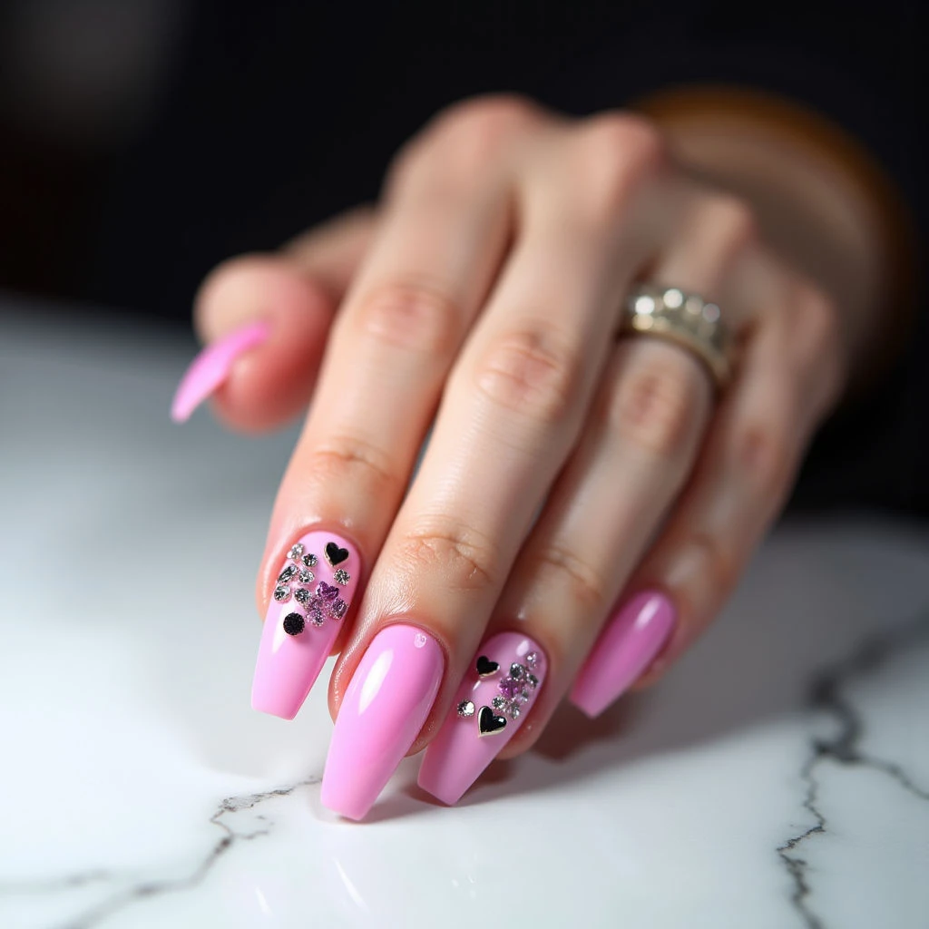 Short Goth Stiletto Nails with Watery Tattoo Art